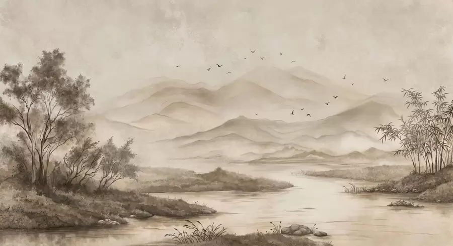peintures murales Paysage de montagne brumeux avec une rivière et des oiseaux w05535