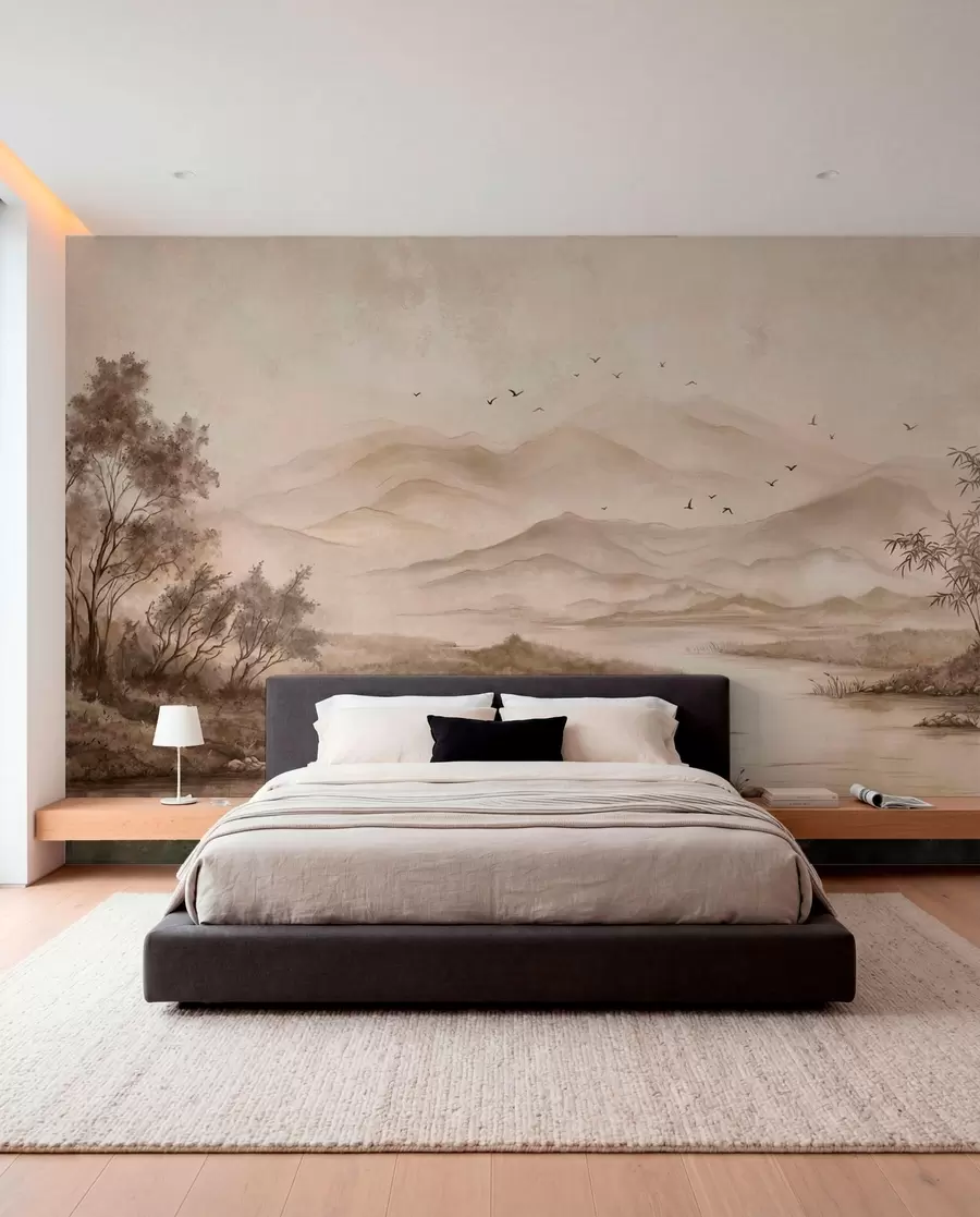 wall murals Misty mountain landscape with river and birds w05535