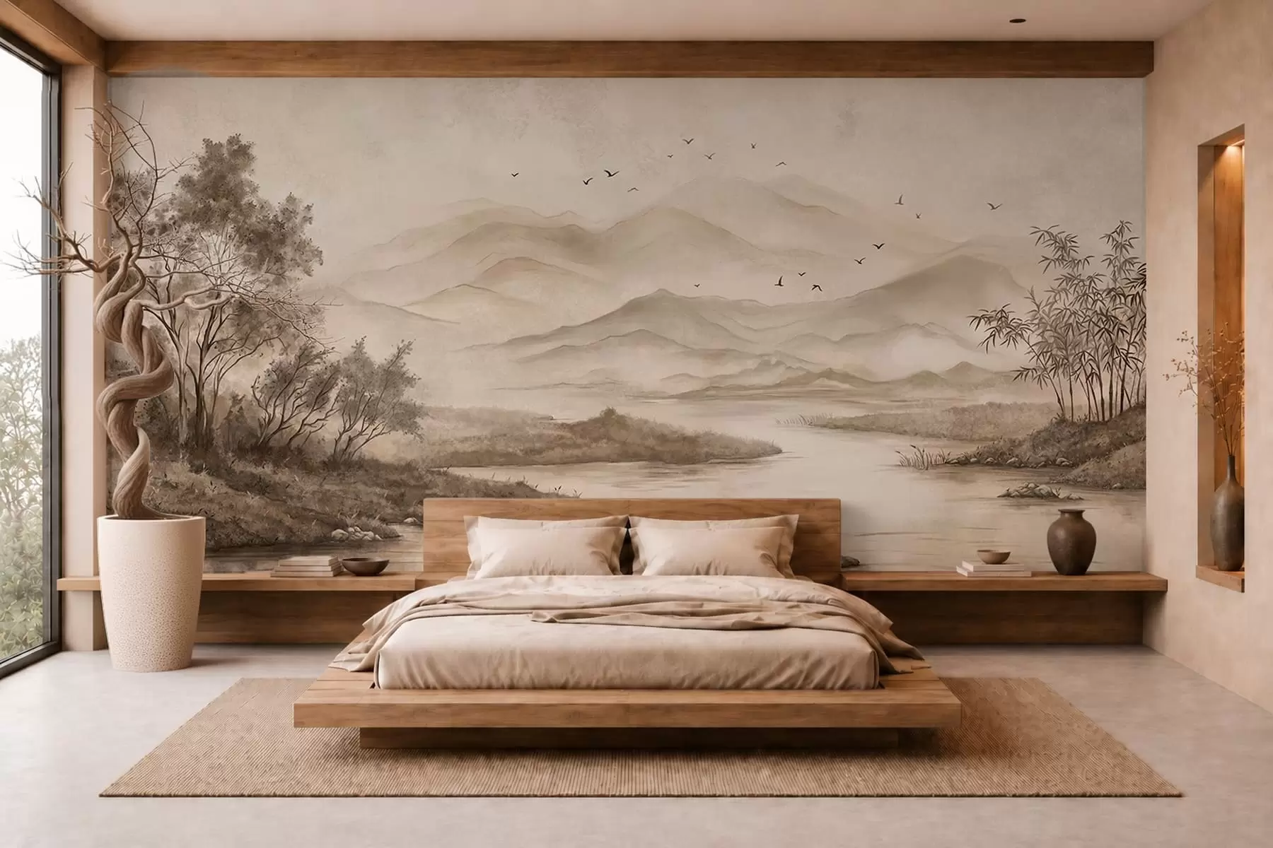 Wall Mural Photo Wallpaper Misty mountain landscape with river and birds w05535
