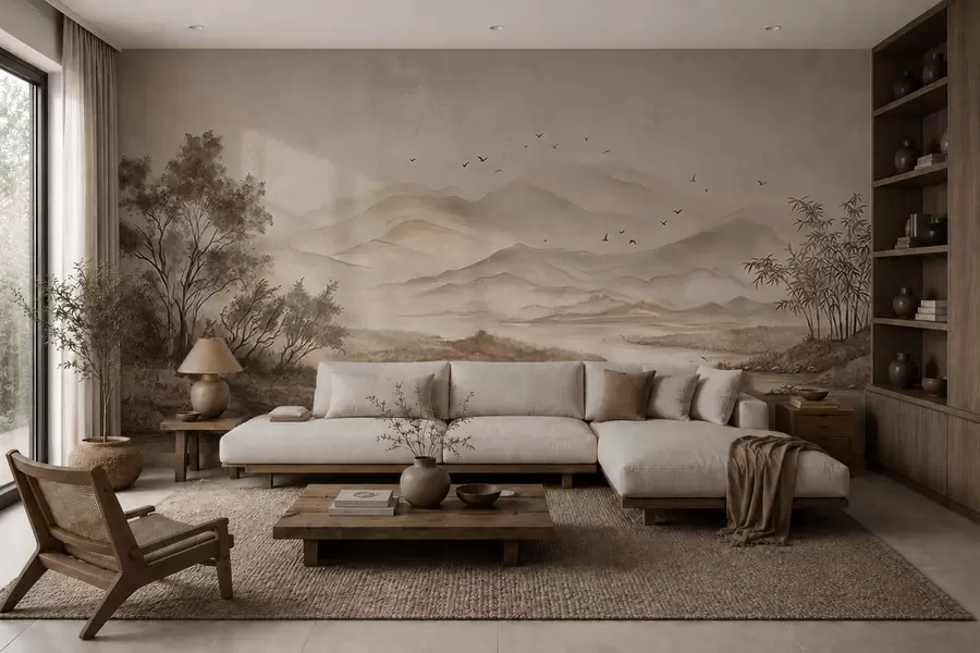 Wall Mural Photo Wallpaper Misty mountain landscape with river and birds w05535