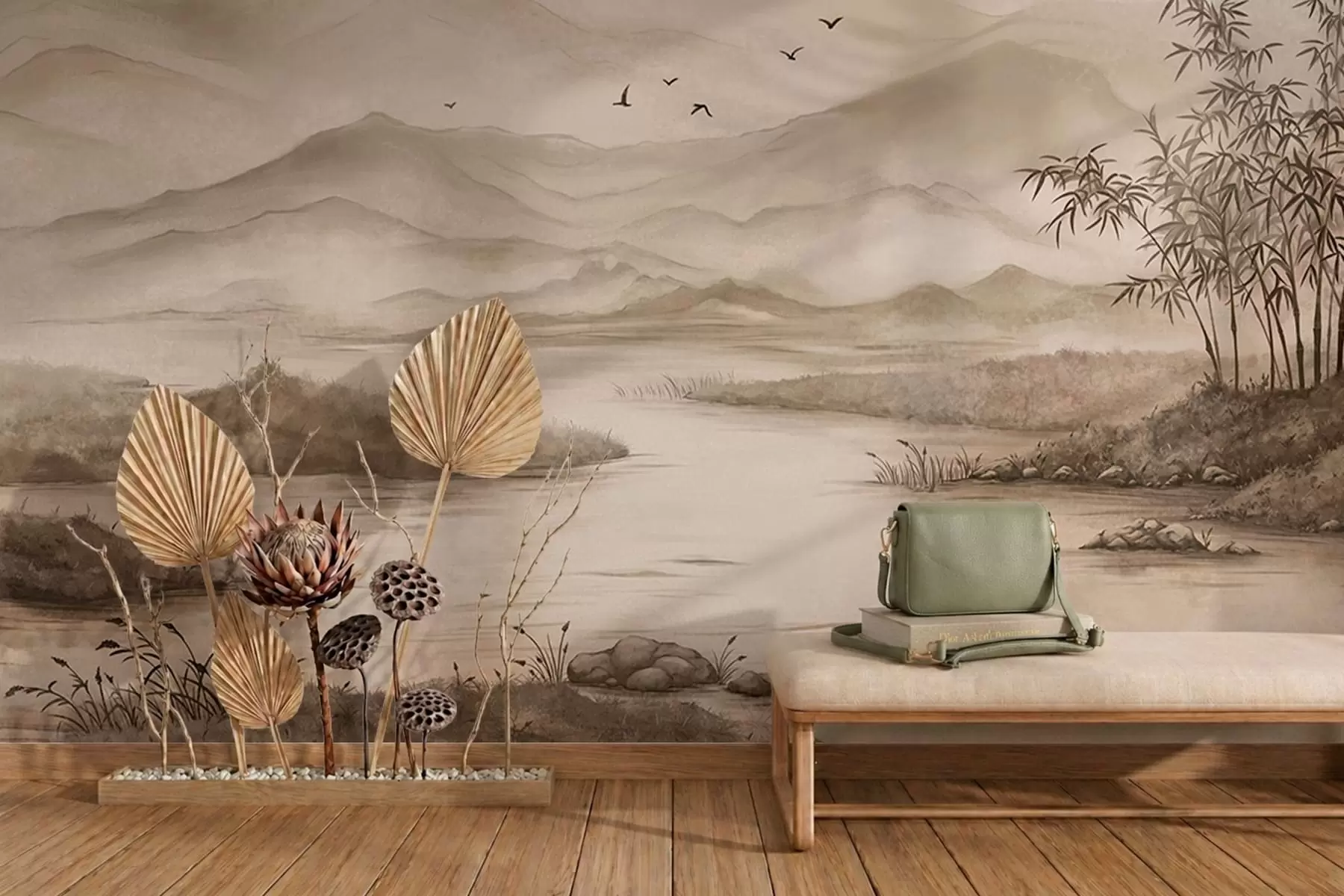 Wall Mural Photo Wallpaper Misty mountain landscape with river and birds w05535