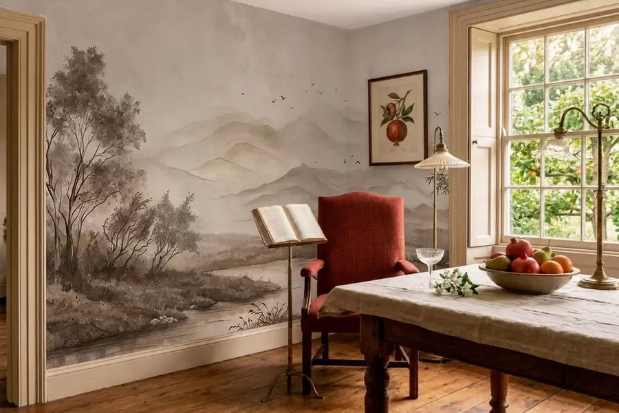 peintures murales Paysage de montagne brumeux avec une rivière et des oiseaux w05535