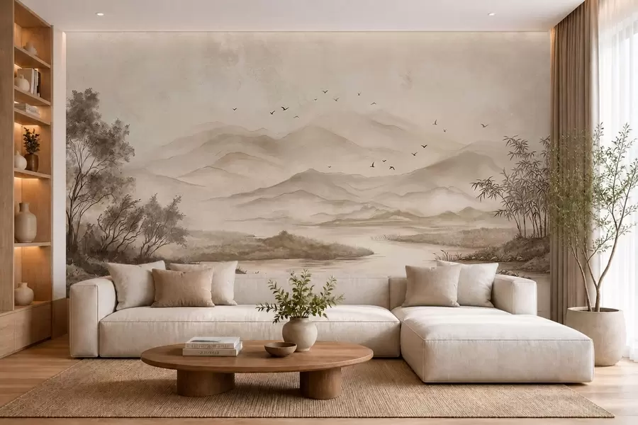 peintures murales Paysage de montagne brumeux avec une rivière et des oiseaux w05535