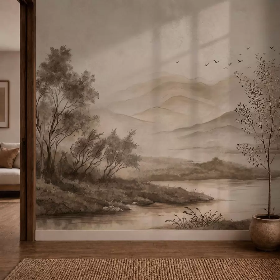 Wall Mural Photo Wallpaper Misty mountain landscape with river and birds w05535