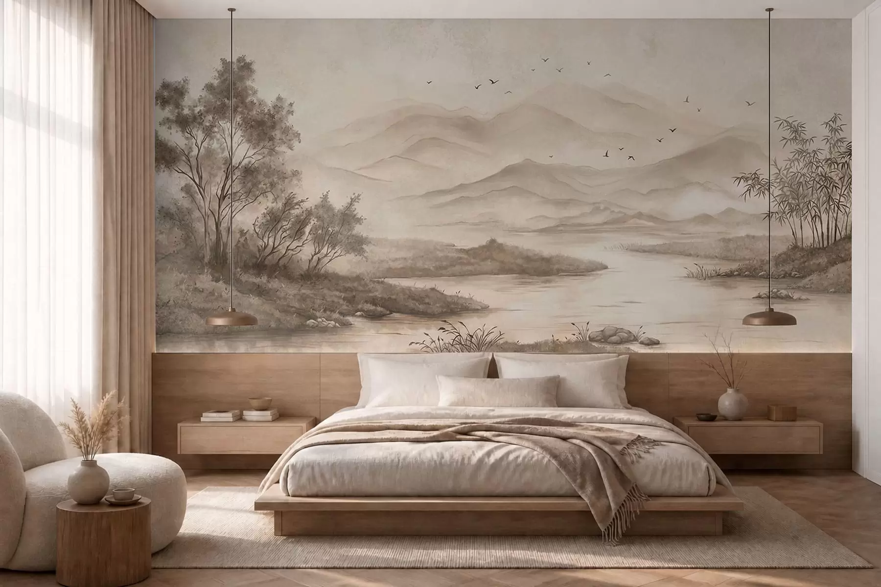peintures murales Paysage serein avec une rivière et des montagnes au loin w05535v1