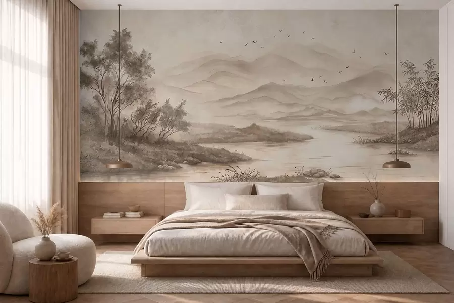 Wall Mural Photo Wallpaper Calm landscape with river and distant mountains w05535v1