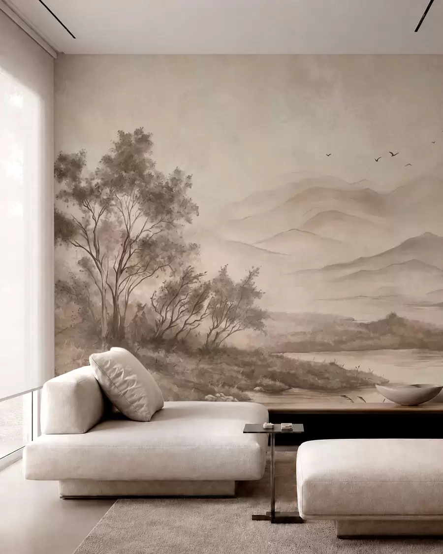 murales Paisaje tranquilo con un río y montañas en la lejanía w05535v1