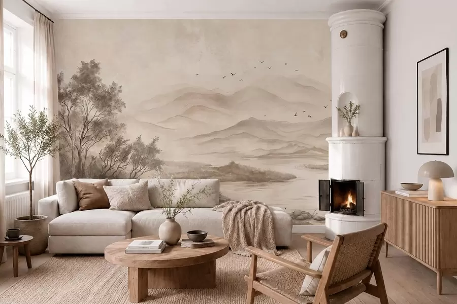 wall murals Calm landscape with river and distant mountains w05535v1