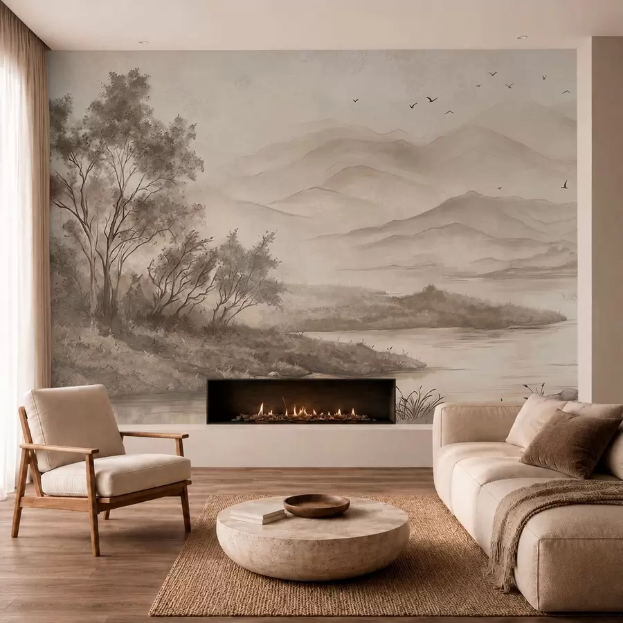 wall murals Calm landscape with river and distant mountains w05535v1