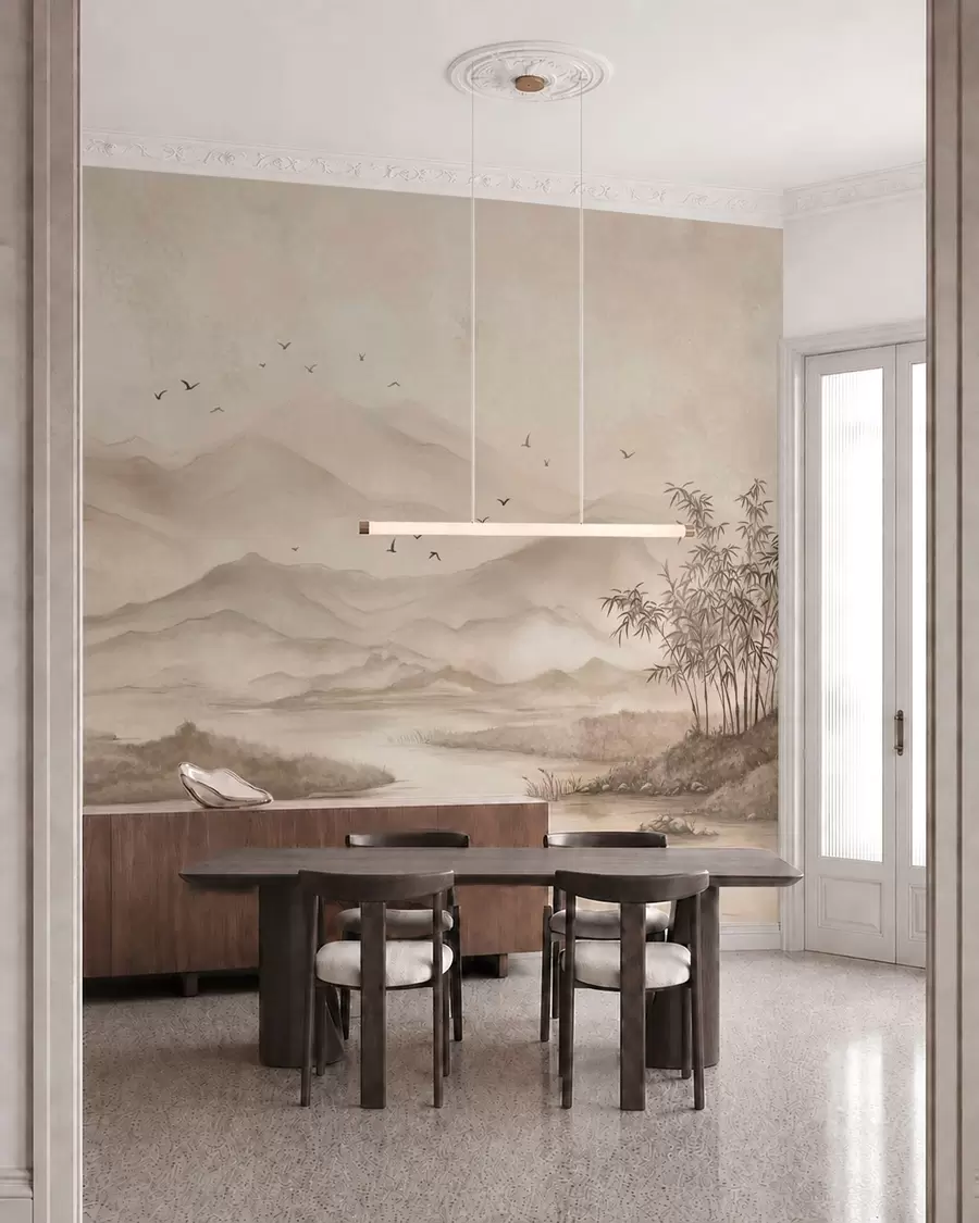 murales Paisaje tranquilo con un río y montañas en la lejanía w05535v1