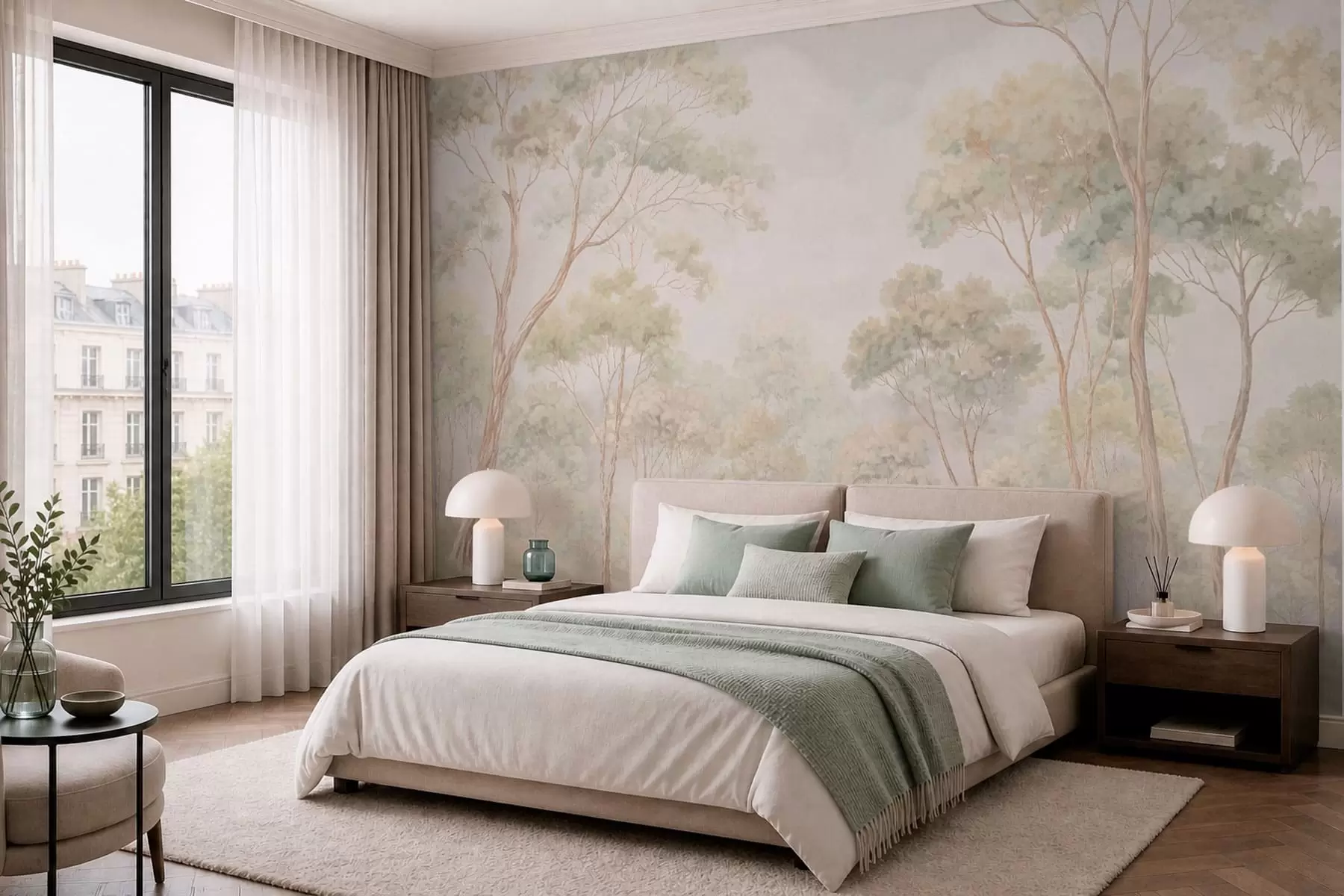 murales Escena forestal luminosa con árboles altos w05624