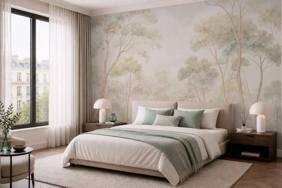 murales Escena forestal luminosa con árboles altos w05624
