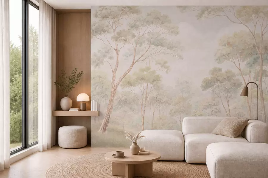 murales Escena forestal luminosa con árboles altos w05624