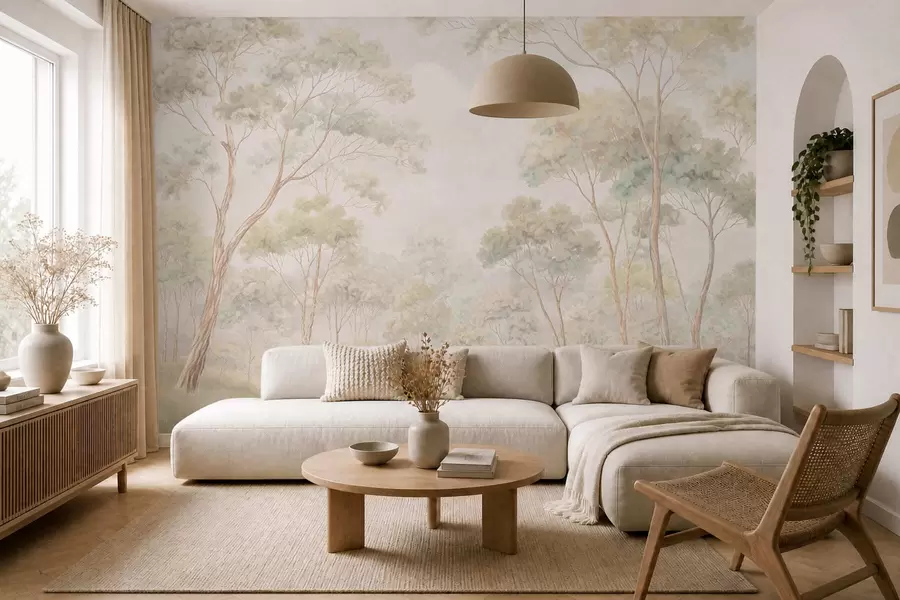 peintures murales Scène forestière lumineuse avec de grands arbres w05624