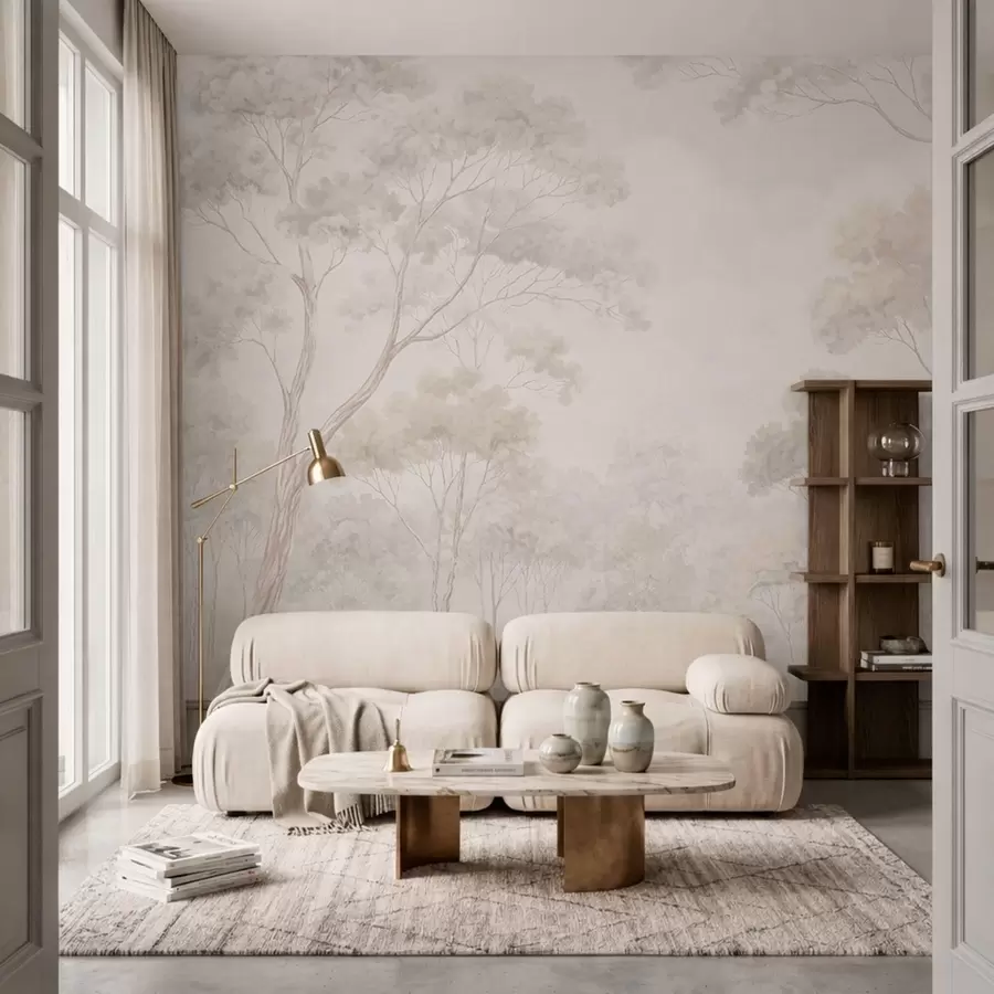 murales Un bosque brumoso y apacible en tonos pastel w05624v1