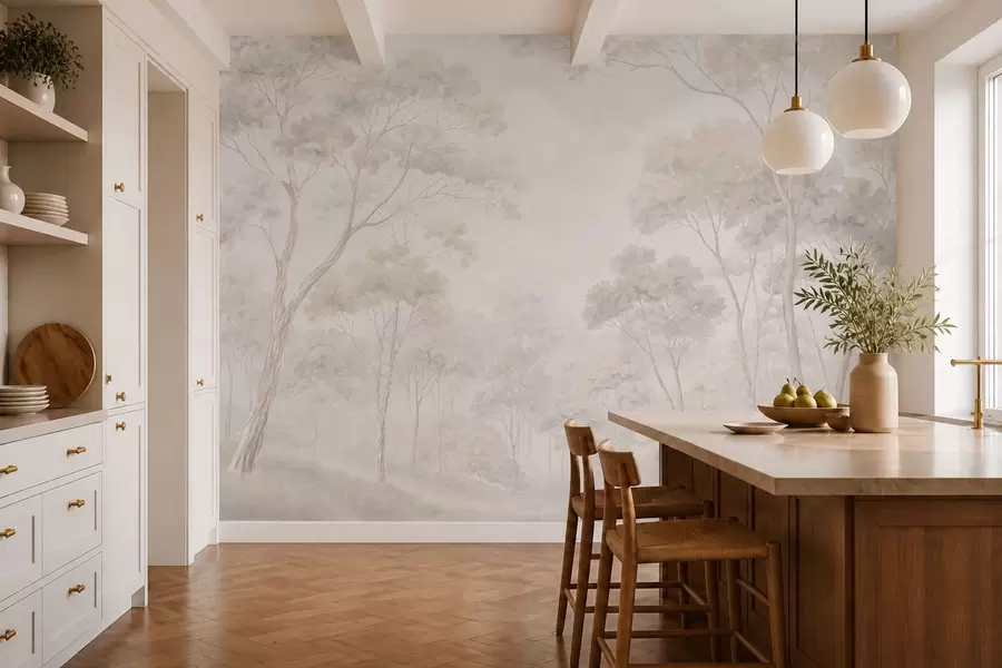 peintures murales Une forêt brumeuse aux tons pastel w05624v1