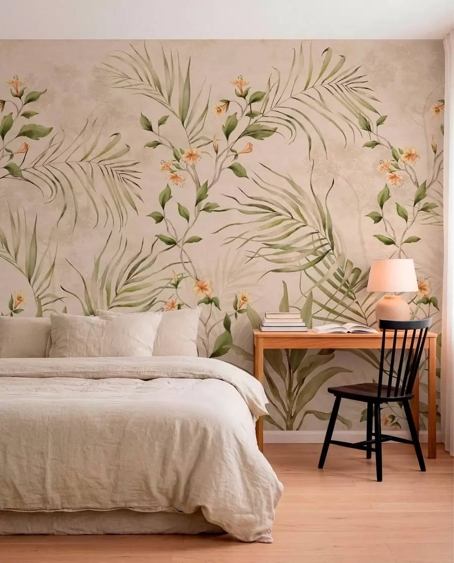 wall murals Tropical leaves and soft flowers on beige background w05625