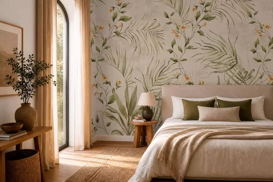 murales Hojas tropicales y flores delicadas sobre un fondo beige w05625