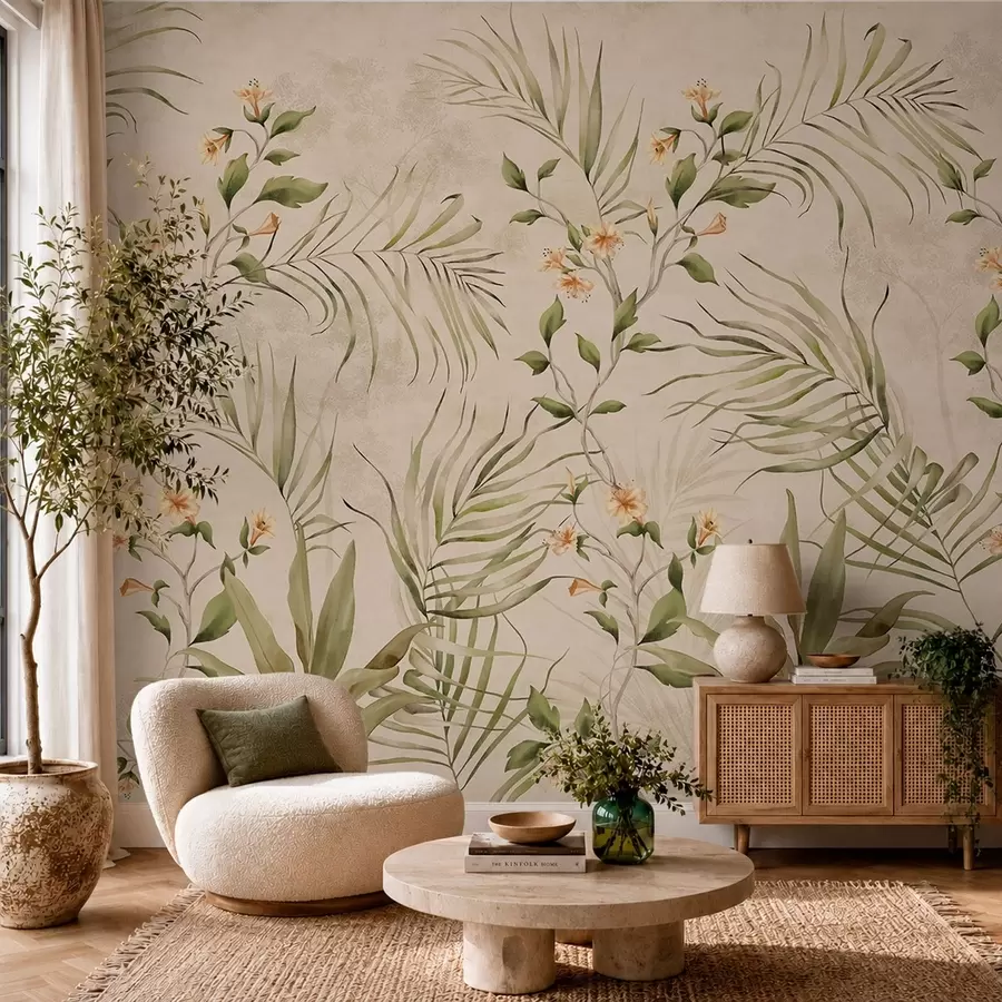 Wall Mural Photo Wallpaper Tropical leaves and soft flowers on beige background w05625