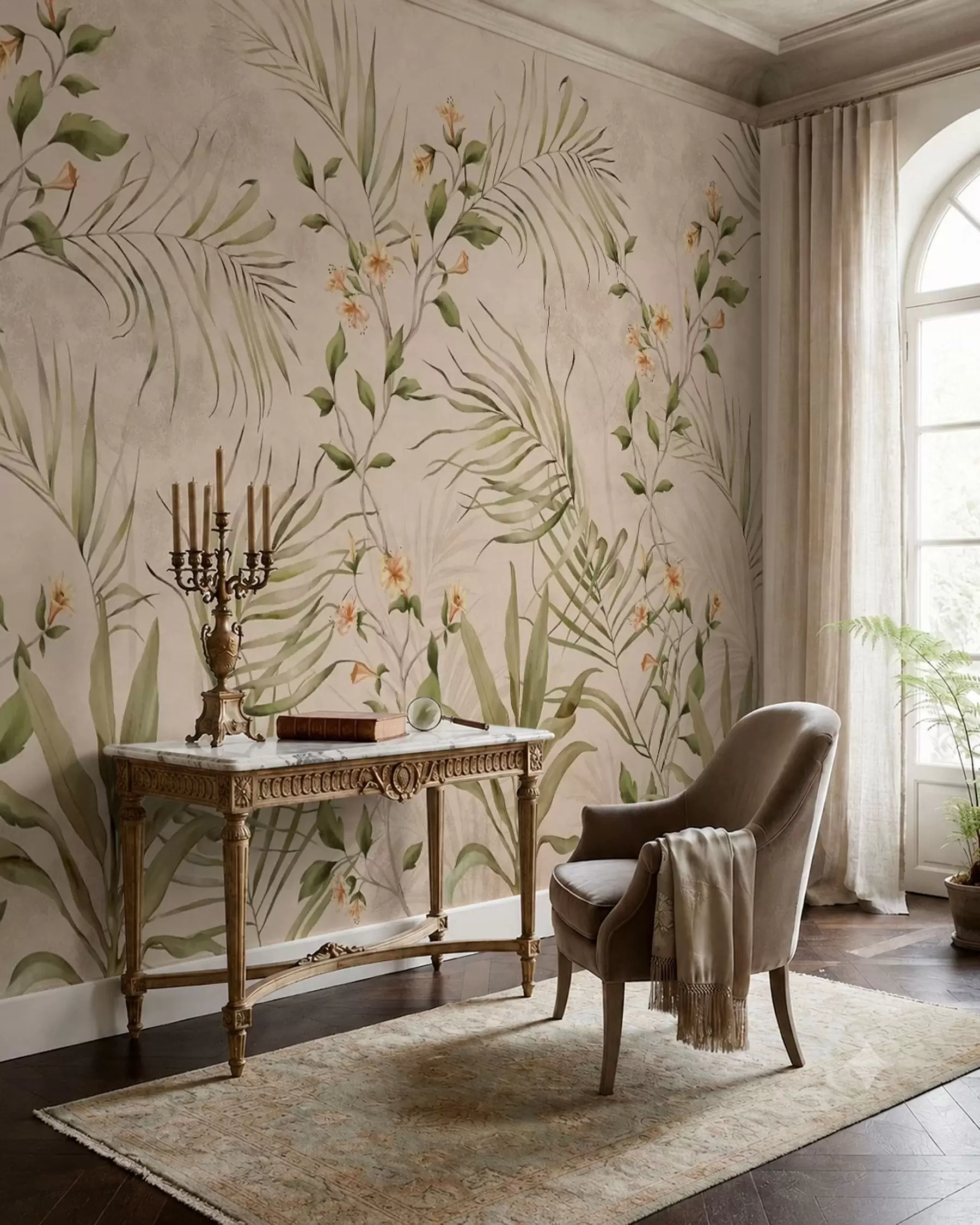 Wall Mural Photo Wallpaper Tropical leaves and soft flowers on beige background w05625