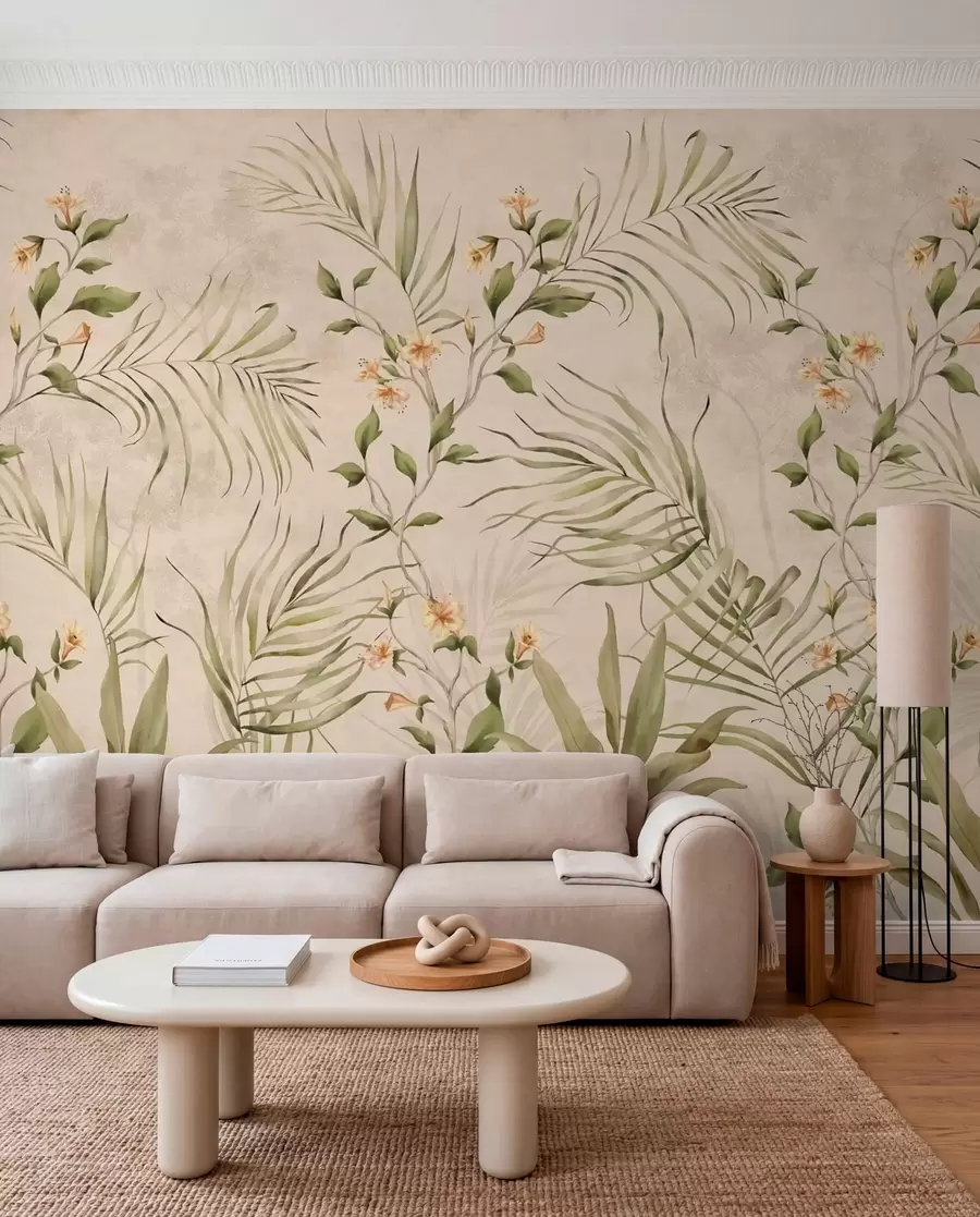 Wall Mural Photo Wallpaper Tropical leaves and soft flowers on beige background w05625