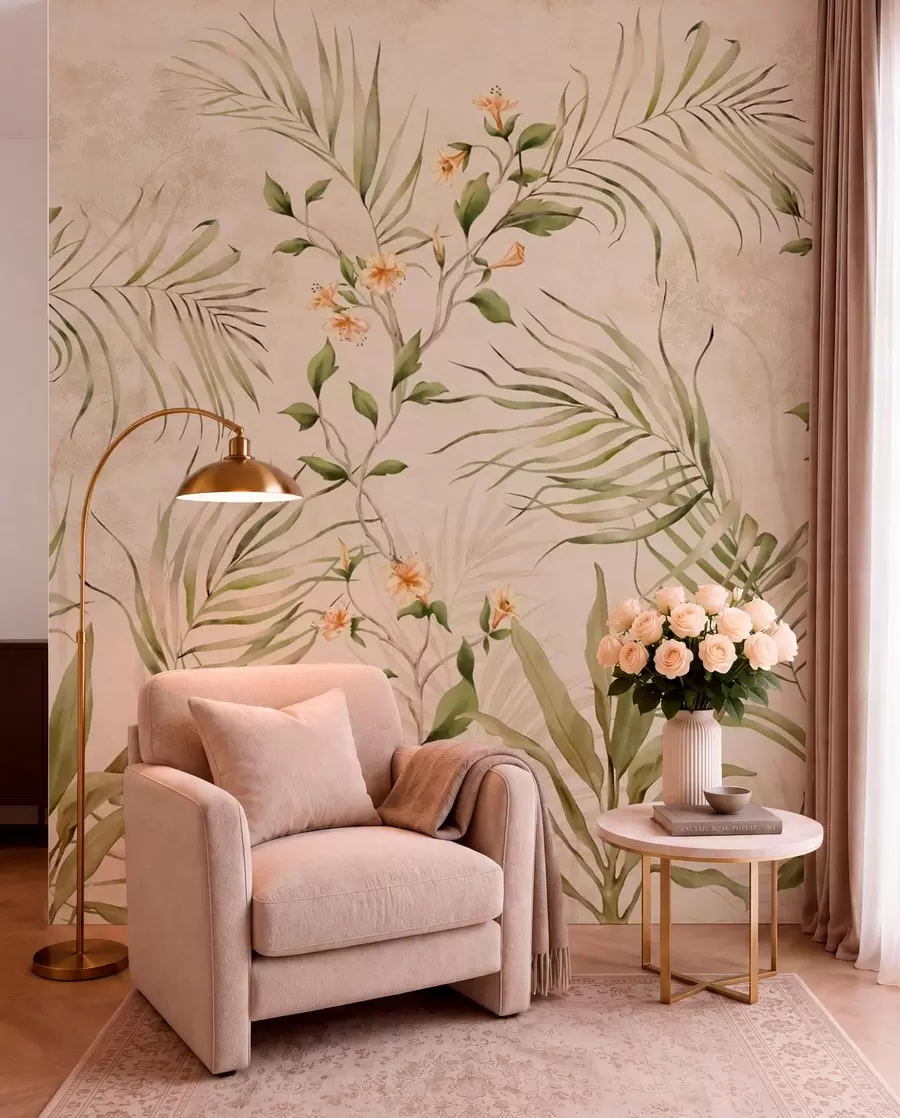 wall murals Tropical leaves and soft flowers on beige background w05625