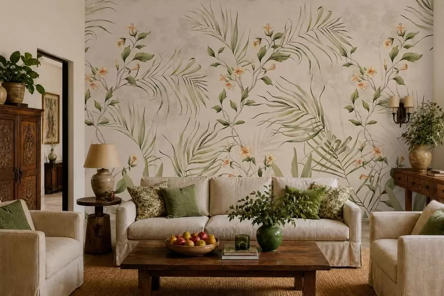 Wall Mural Photo Wallpaper Tropical leaves and soft flowers on beige background w05625