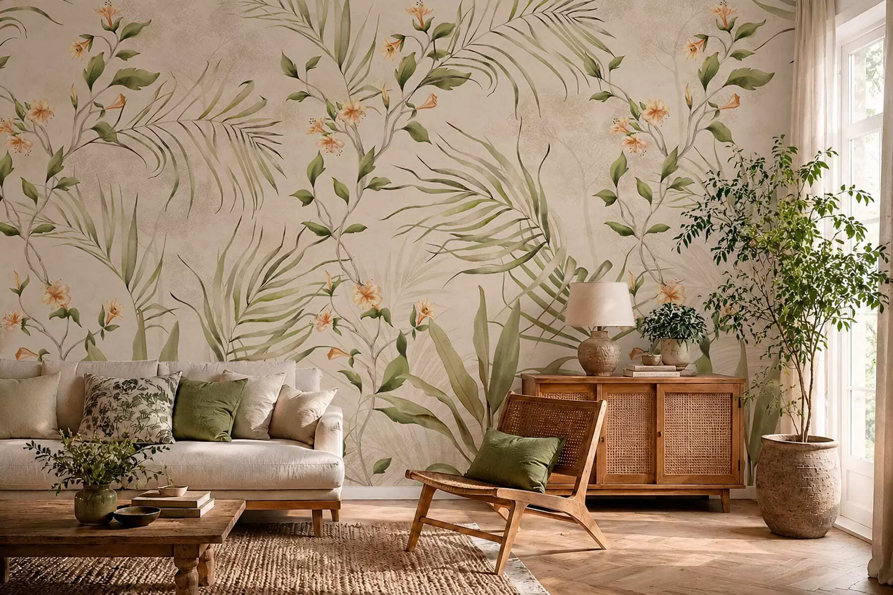 Wall Mural Photo Wallpaper Tropical leaves and soft flowers on beige background w05625