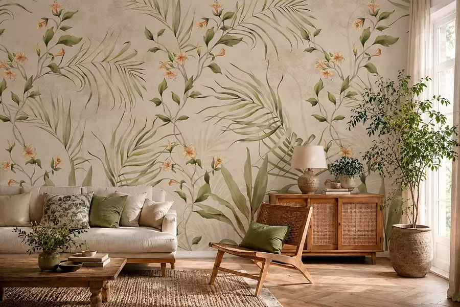 wall murals Tropical leaves and soft flowers on beige background w05625