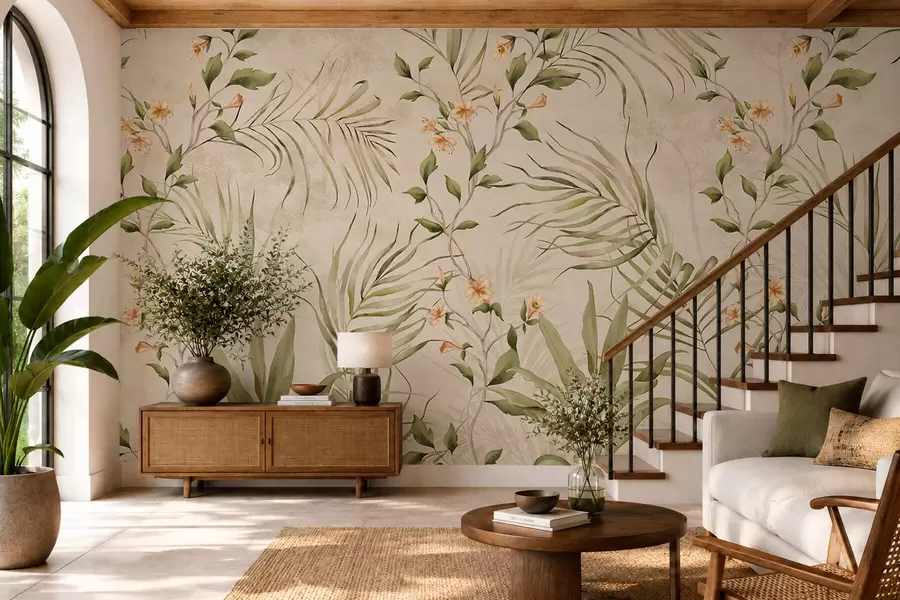 wall murals Tropical leaves and soft flowers on beige background w05625