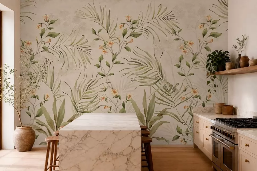 Wall Mural Photo Wallpaper Tropical leaves and soft flowers on beige background w05625