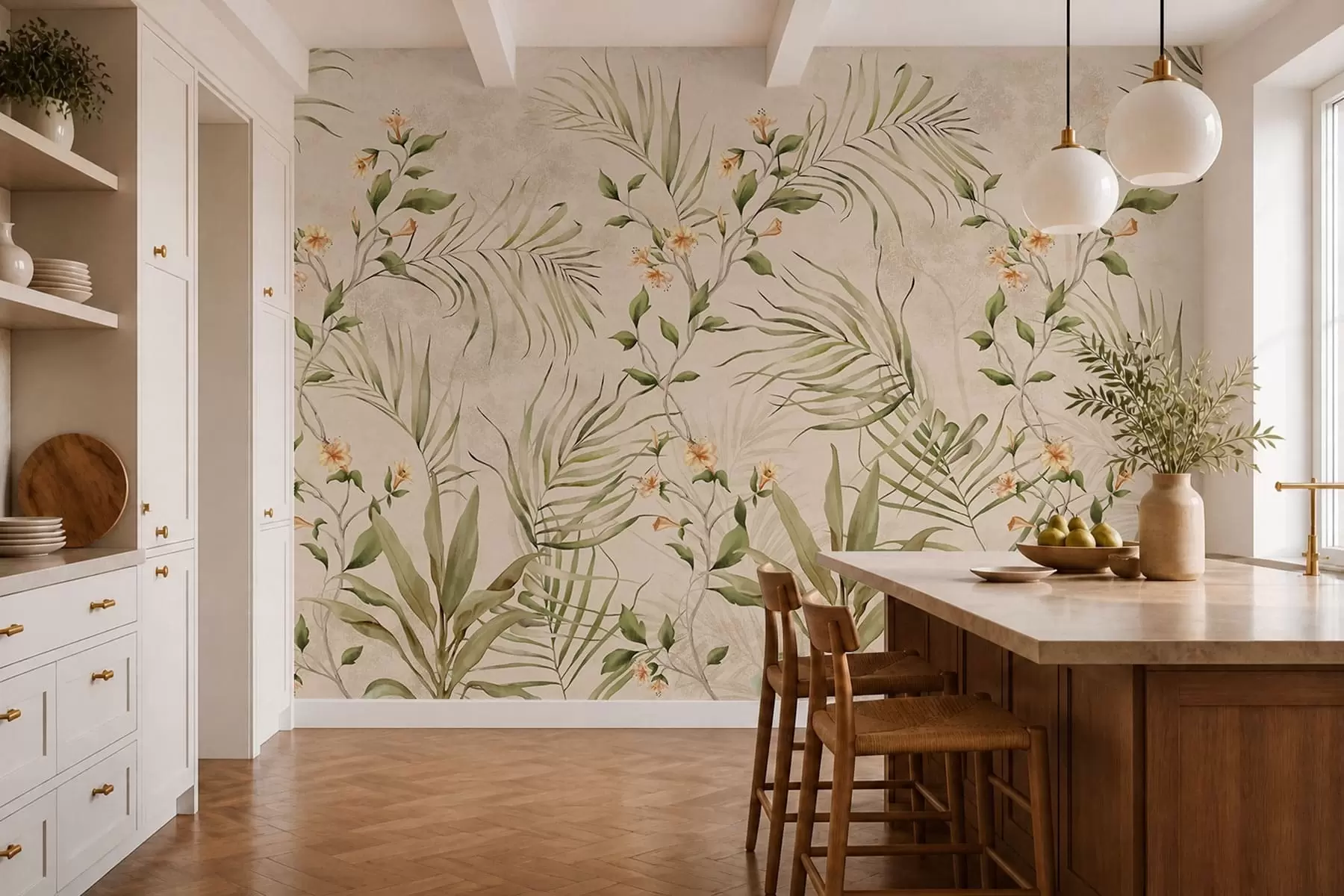 wall murals Tropical leaves and soft flowers on beige background w05625