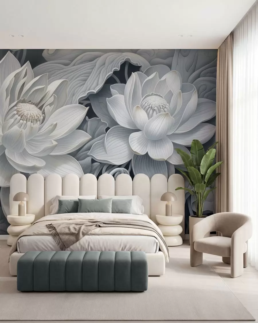 peintures murales Fleurs de lotus vintage aux douces nuances sépia et aux pétales finement dessinés, illustration botanique artistique w05494