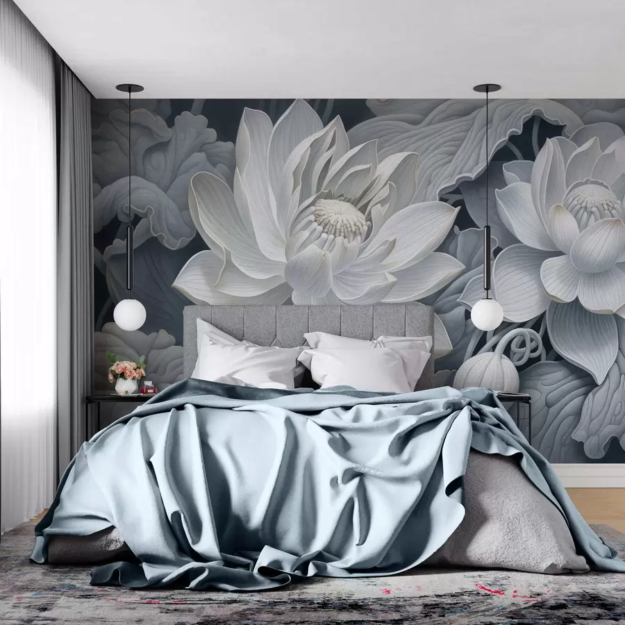Wall Mural Photo Wallpaper Vintage lotus flowers with soft sepia tones and detailed petals, artistic botanical illustration w05494