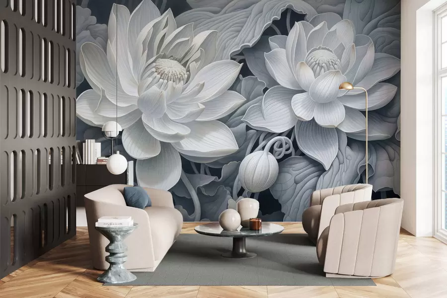 murales Flores de loto de estilo vintage con suaves tonos sepia y pétalos detallados; ilustración botánica artística w05494