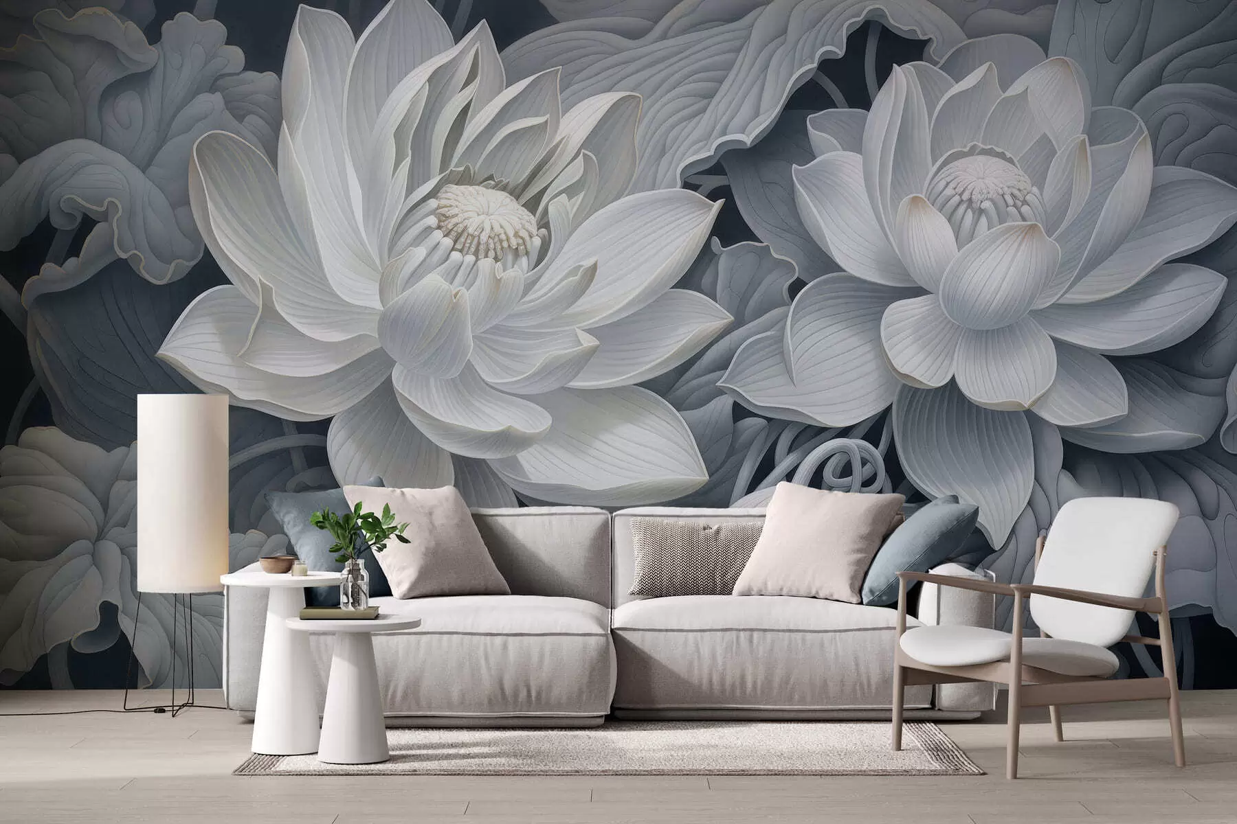 murales Flores de loto de estilo vintage con suaves tonos sepia y pétalos detallados; ilustración botánica artística w05494