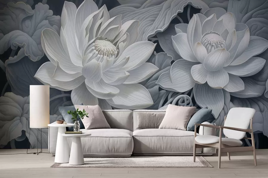 murales Flores de loto de estilo vintage con suaves tonos sepia y pétalos detallados; ilustración botánica artística w05494
