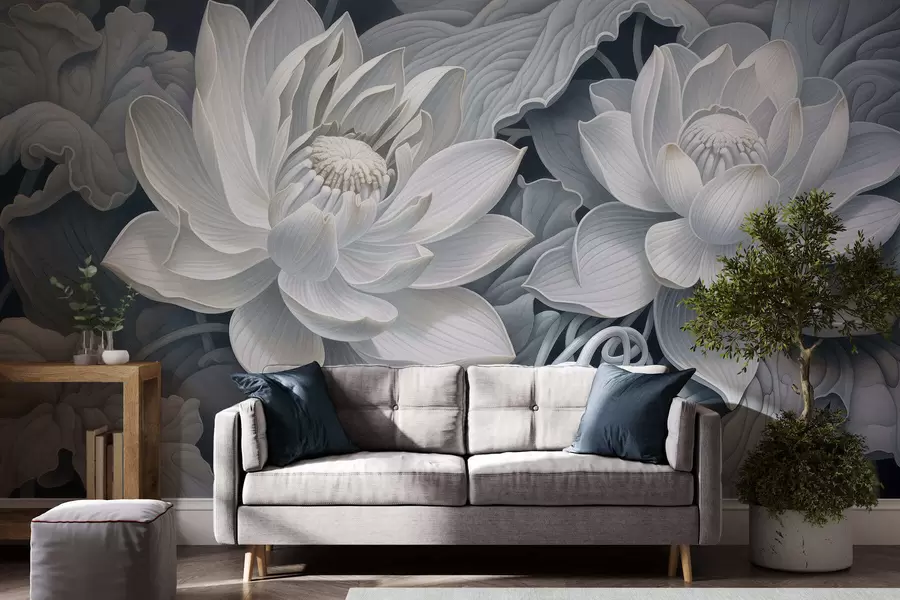 wall murals Vintage lotus flowers with soft sepia tones and detailed petals, artistic botanical illustration w05494