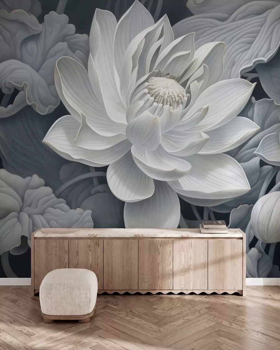 peintures murales Fleurs de lotus vintage aux douces nuances sépia et aux pétales finement dessinés, illustration botanique artistique w05494