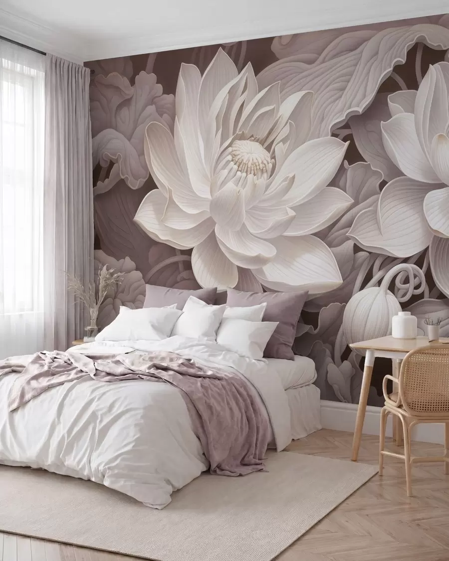 peintures murales Fleurs de lotus vintage aux douces nuances sépia et aux pétales finement dessinés, illustration botanique artistique w05494v1