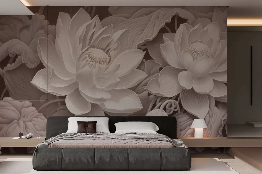 murales Flores de loto de estilo vintage con suaves tonos sepia y pétalos detallados; ilustración botánica artística w05494v1