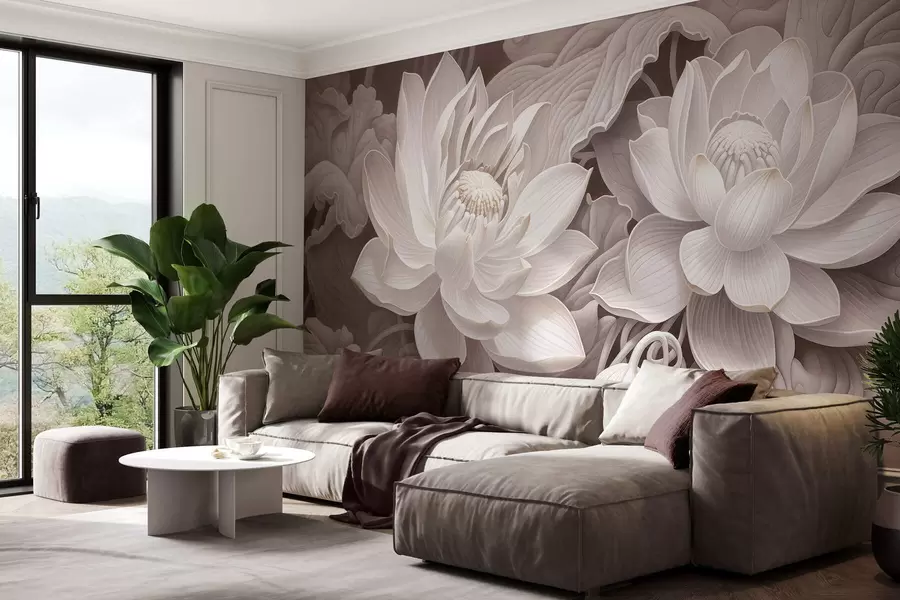murales Flores de loto de estilo vintage con suaves tonos sepia y pétalos detallados; ilustración botánica artística w05494v1