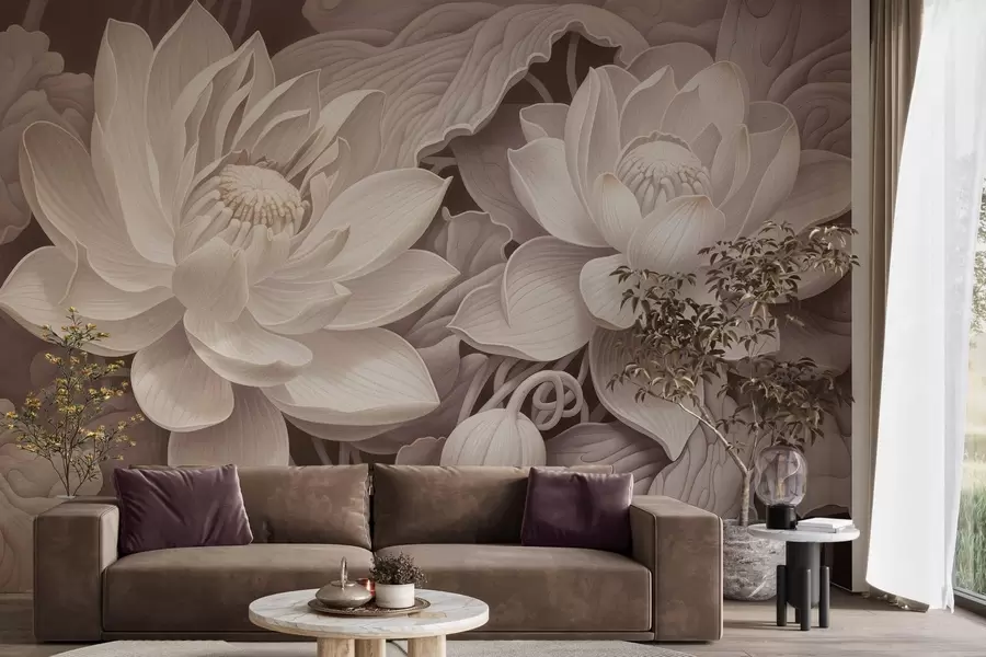 Wall Mural Photo Wallpaper Vintage lotus flowers with soft sepia tones and detailed petals, artistic botanical illustration w05494v1