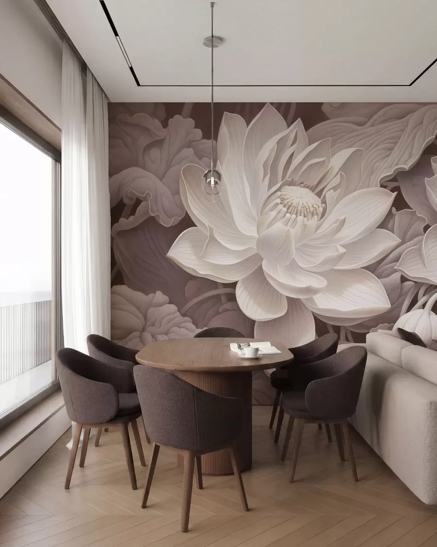 wall murals Vintage lotus flowers with soft sepia tones and detailed petals, artistic botanical illustration w05494v1