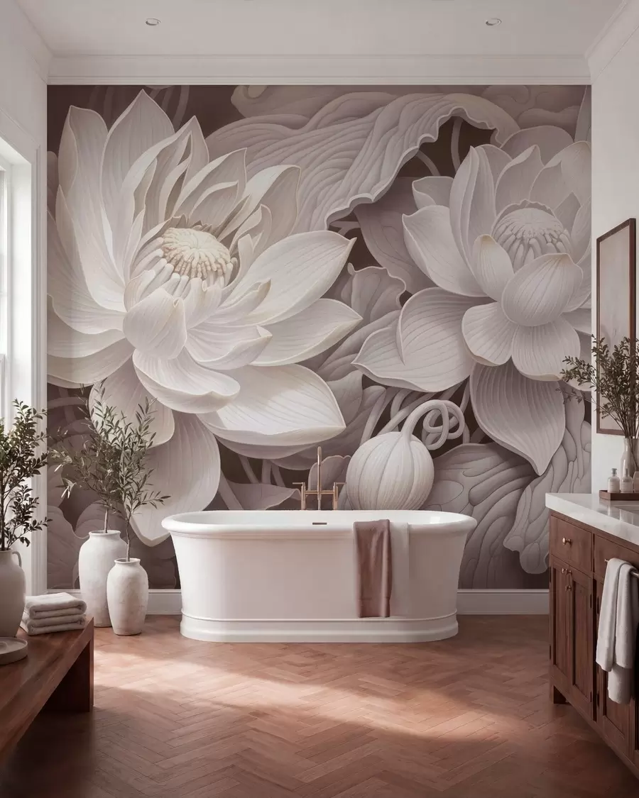 wall murals Vintage lotus flowers with soft sepia tones and detailed petals, artistic botanical illustration w05494v1