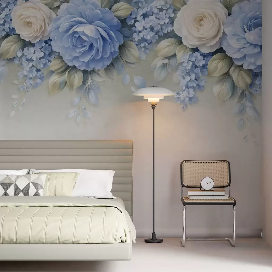 Wall Mural Photo Wallpaper Delicate roses and floral clusters in a porcelain-inspired botanical composition with soft layered petals and elegant flowing leaves w05495