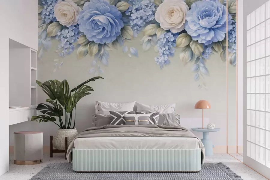 Wall Mural Photo Wallpaper Delicate roses and floral clusters in a porcelain-inspired botanical composition with soft layered petals and elegant flowing leaves w05495
