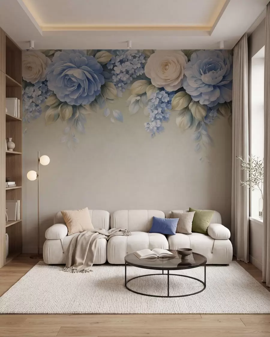 Wall Mural Photo Wallpaper Delicate roses and floral clusters in a porcelain-inspired botanical composition with soft layered petals and elegant flowing leaves w05495