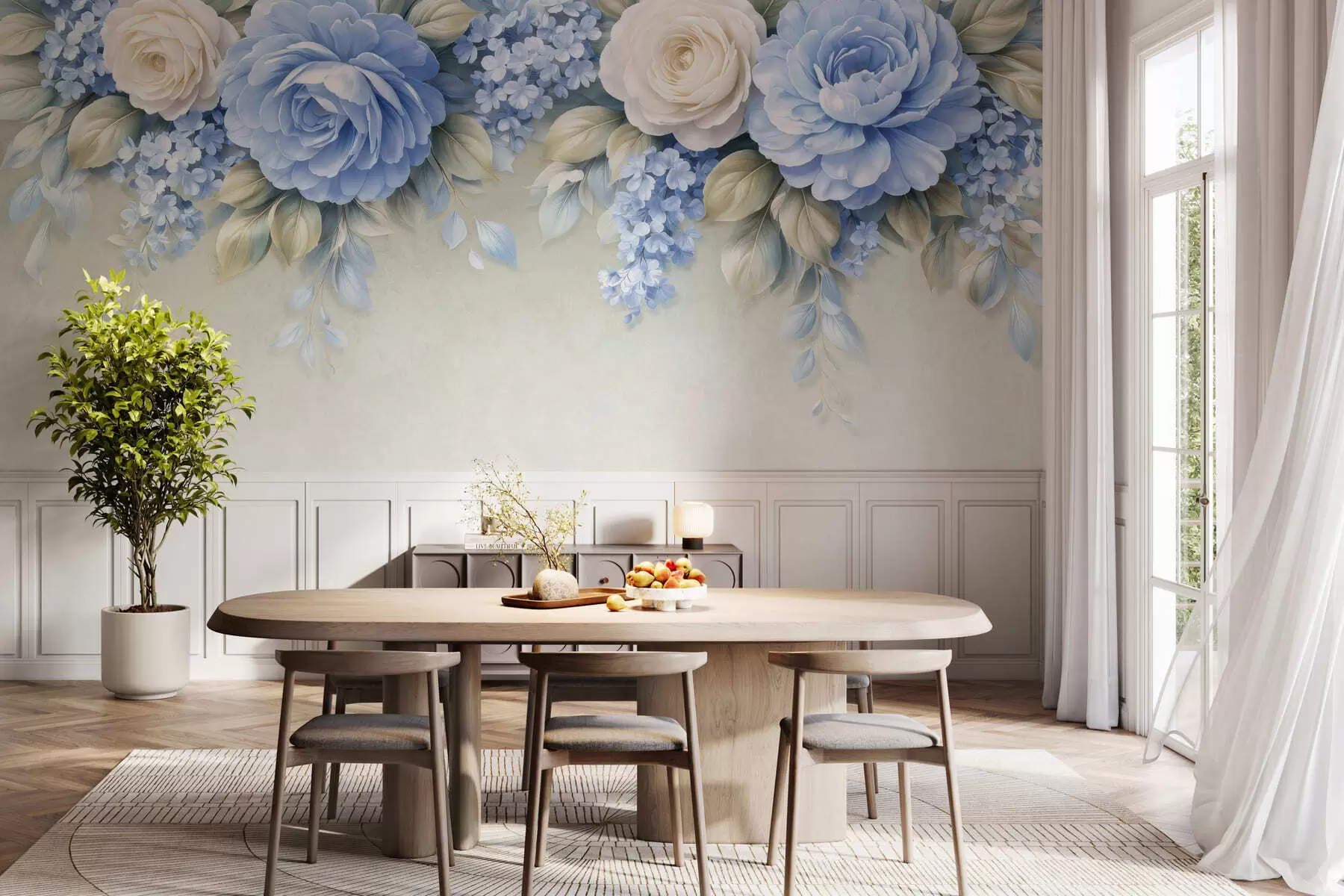 Wall Mural Photo Wallpaper Delicate roses and floral clusters in a porcelain-inspired botanical composition with soft layered petals and elegant flowing leaves w05495