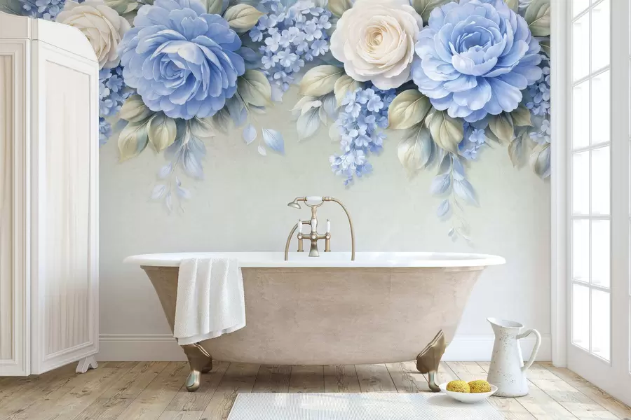 murales Delicadas rosas y ramilletes florales en una composición botánica de inspiración porcelánica, con pétalos suaves dispuestos en capas y elegantes hojas onduladas w05495